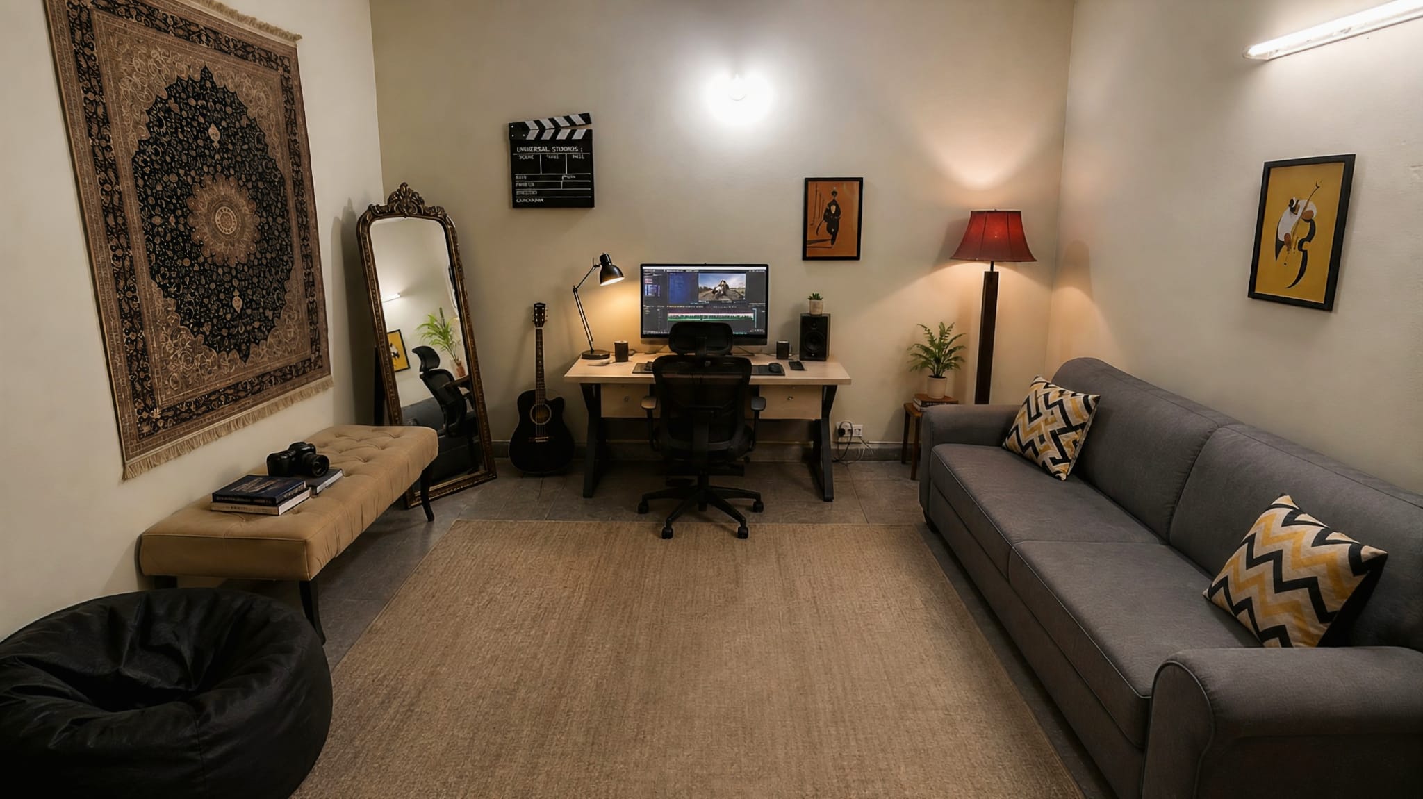 Jazba Studios productions room with an editing workstation, sofa and film clapperboard