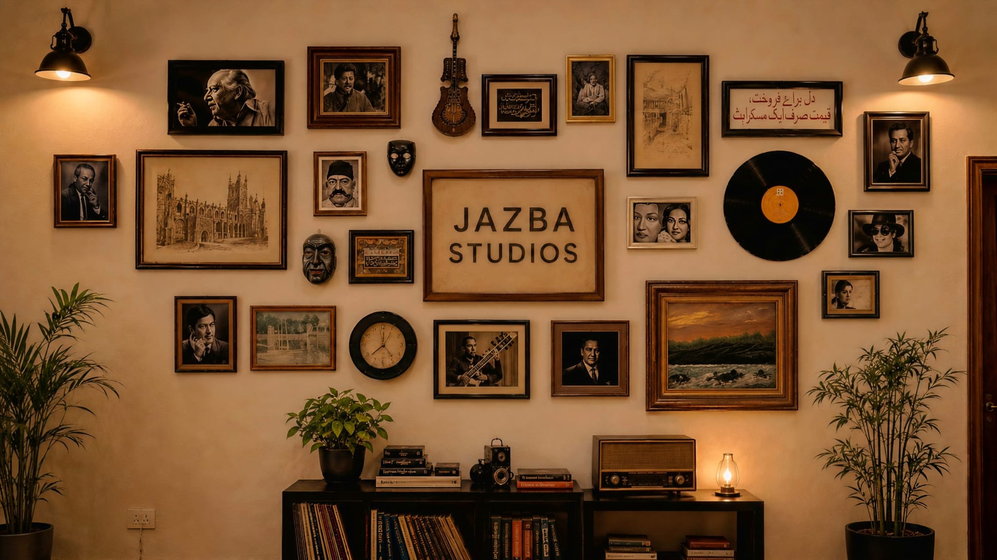 The Jazba Studios wall of framed portraits, calligraphy and a vinyl record above a record shelf