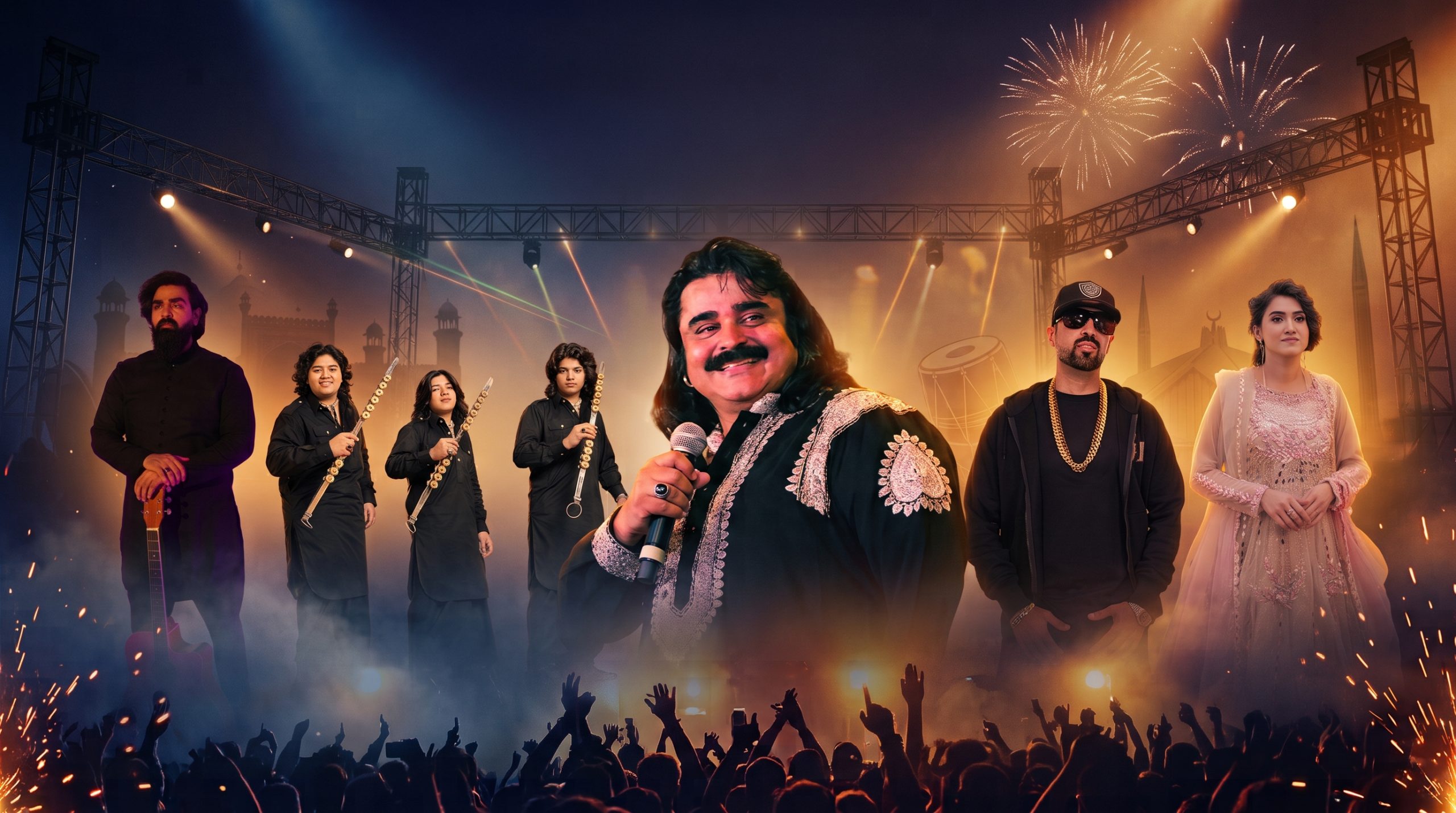 Aa – Tenu Moaj Karawan (Live) line-up artwork on a concert stage with fireworks